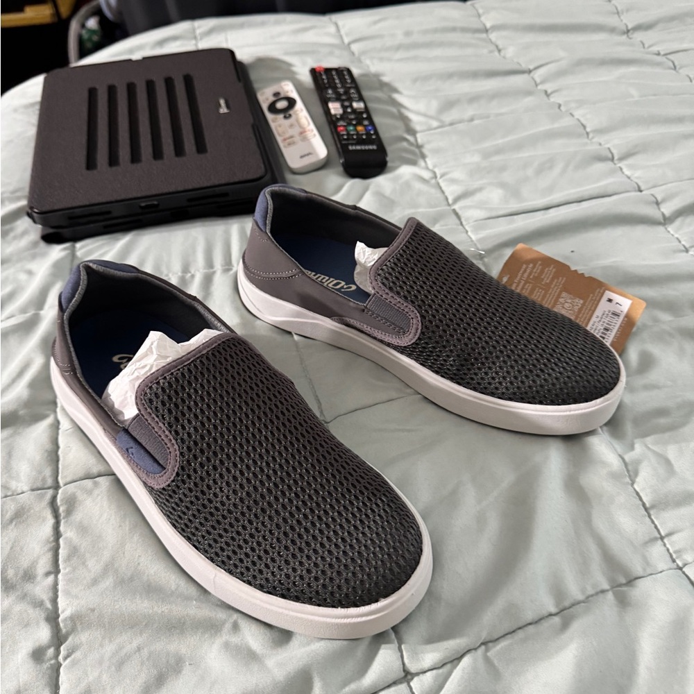 OluKai Men's Gray Mesh Slip-On Loafers with White Sole